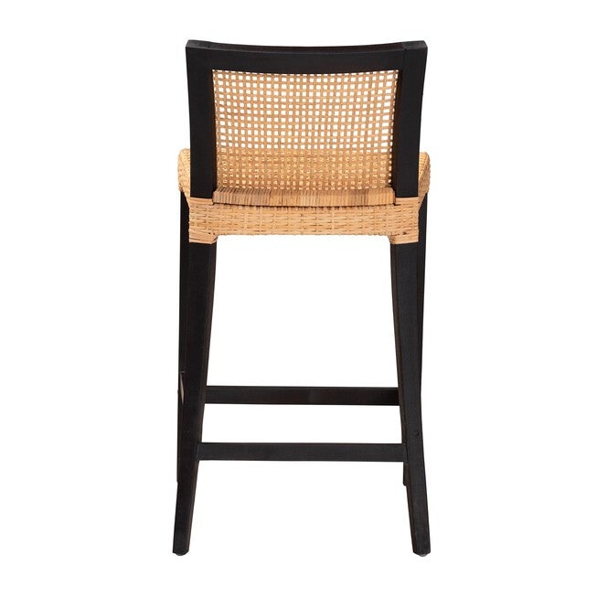 Lingga Modern Bohemian Dark Brown Mahogany Wood And Natural Rattan Counter Stool, , alternate image number null
