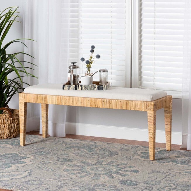 Sofia Modern Bohemian Natural Brown Rattan And Mahogany Wood Bench, , alternate image number null