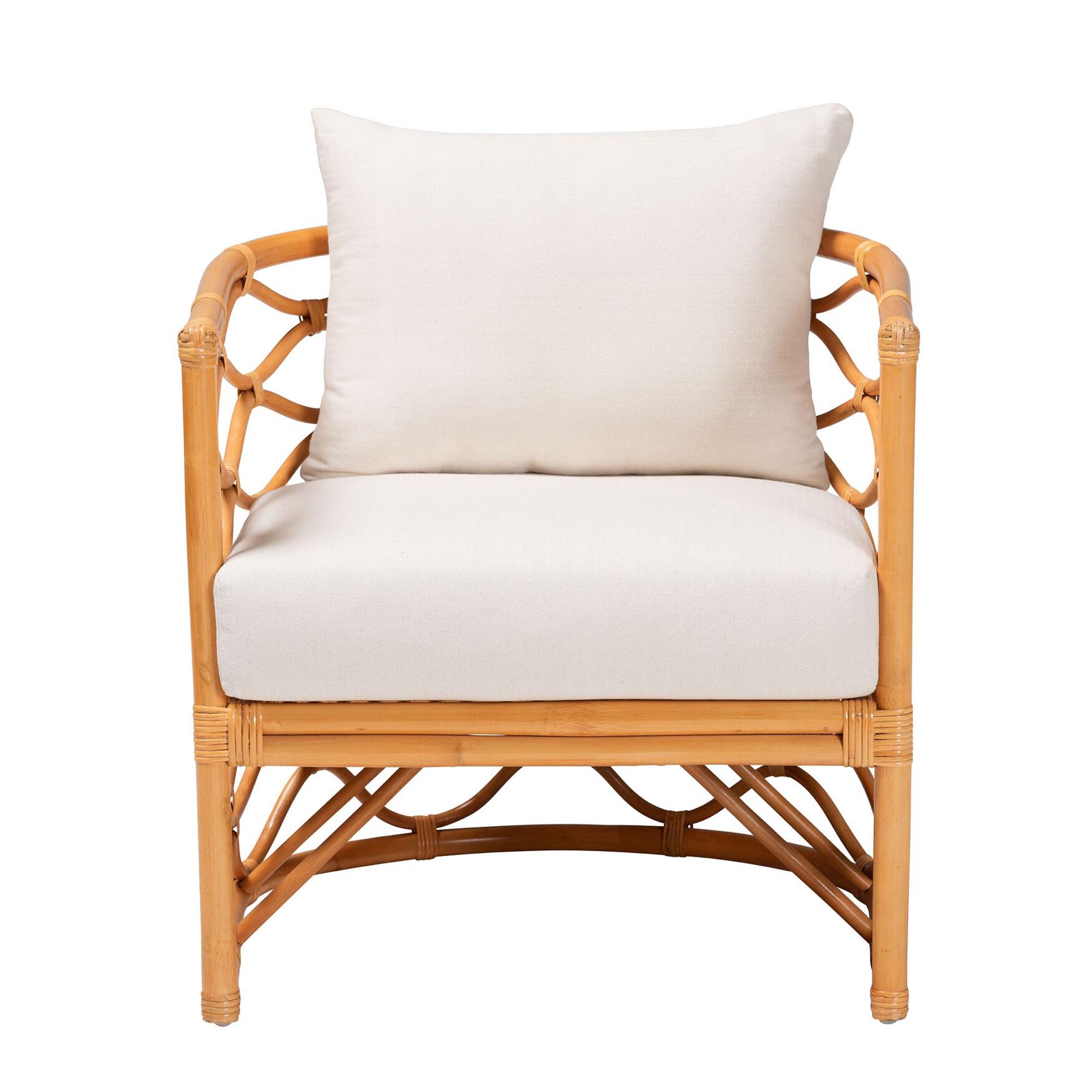 Light honey rattan arm chair with white cushion