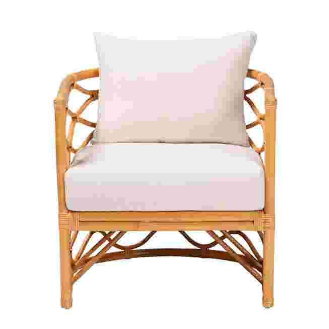 Light honey rattan arm chair with white cushion