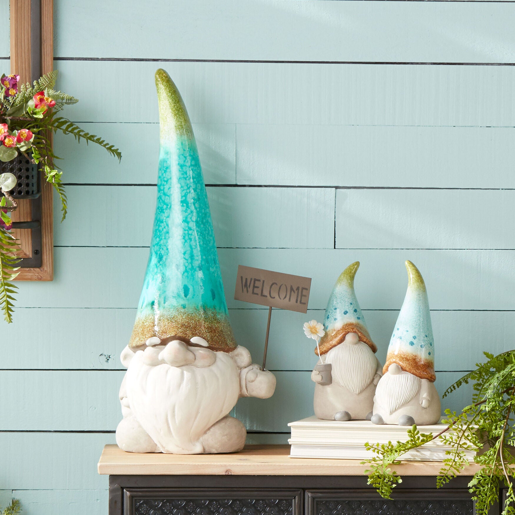 Terra Cotta Garden Gnome Statue With Welcome Sign 24 inchesH, , on-hover image number 1
