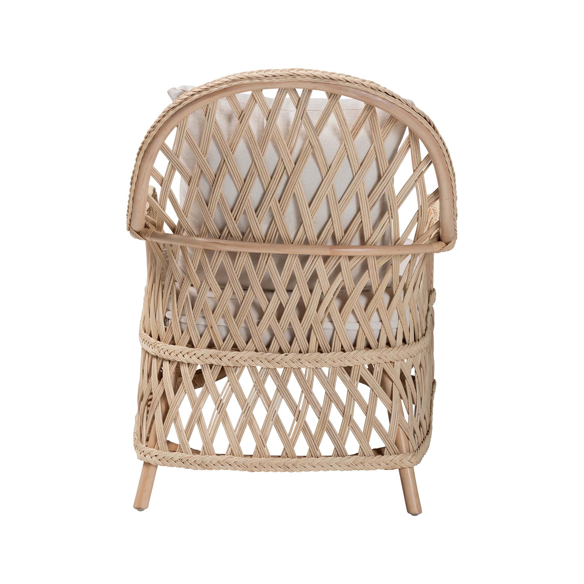 Rear/side angle view of ivory braided rattan arm chair lattice panels