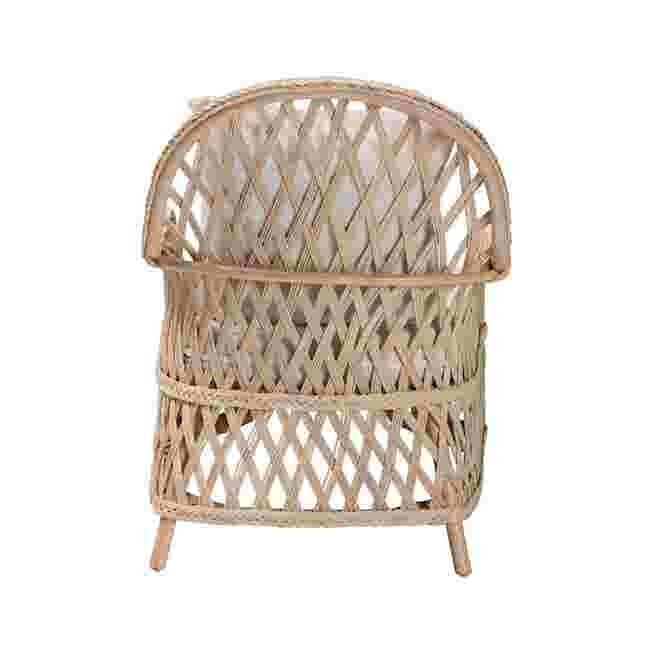 Rear/side angle view of ivory braided rattan arm chair lattice panels
