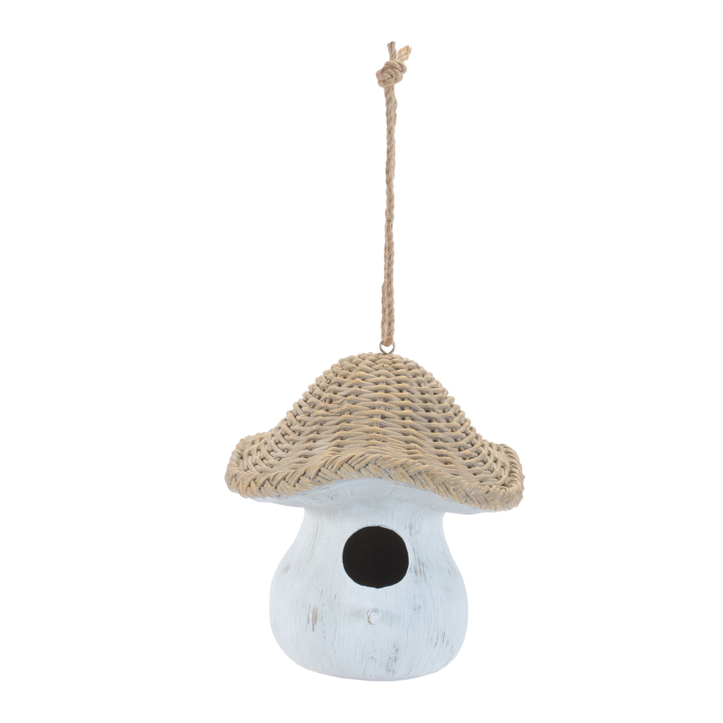 Mushroom Birdhouse with Wicker Design 8INH, WHITE BEIGE, hi-res image number 0