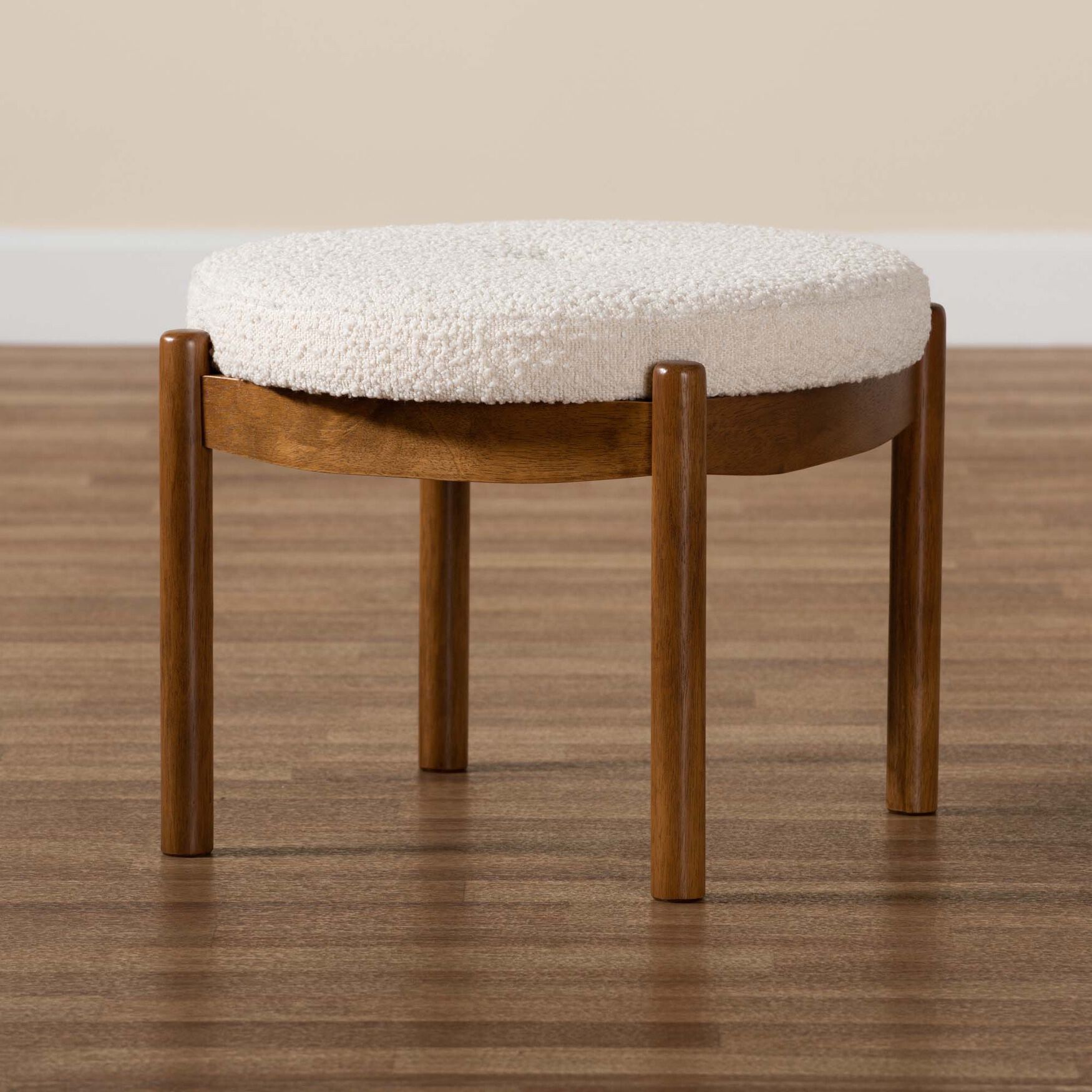 Iliana Japandi Cream Boucle Fabric And Walnut Brown Finished Rubberwood Ottoman Footstool, , alternate image number 4