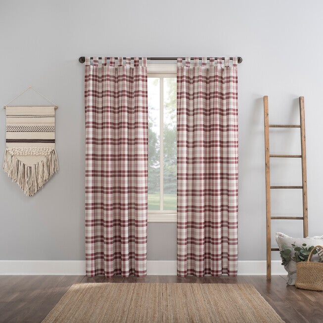 Plaid Semi-Sheer Tab Top Panel, RED, hi-res image number null
