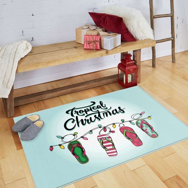 Tropical Christmas Light Blue Kitchen Rug, , alternate image number null