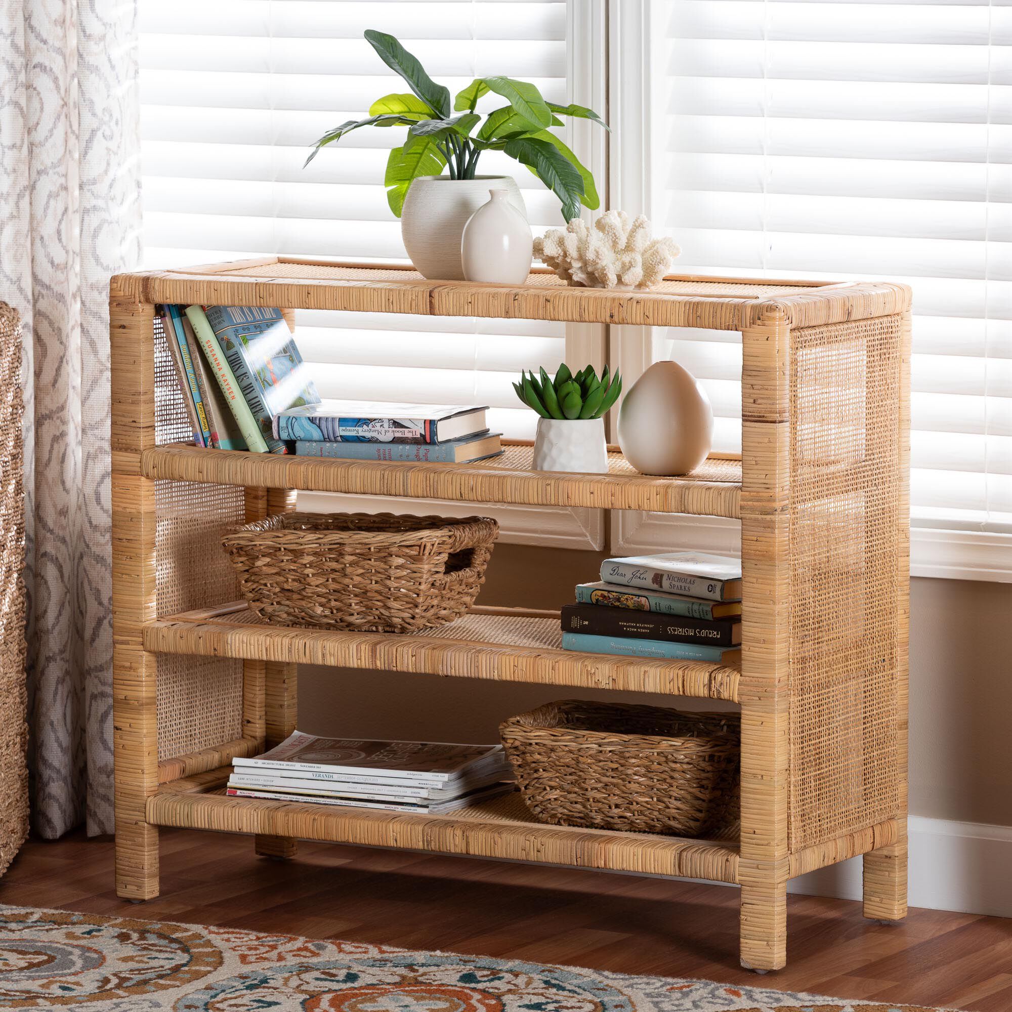 Natural rattan 4-tier display shelf styled with decor