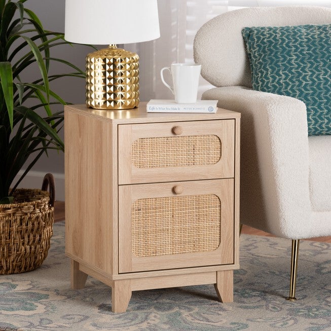 Elsbeth Mid-Century Modern Light Brown Finished Wood And Natural Rattan 1-Drawer End Table, , alternate image number 7