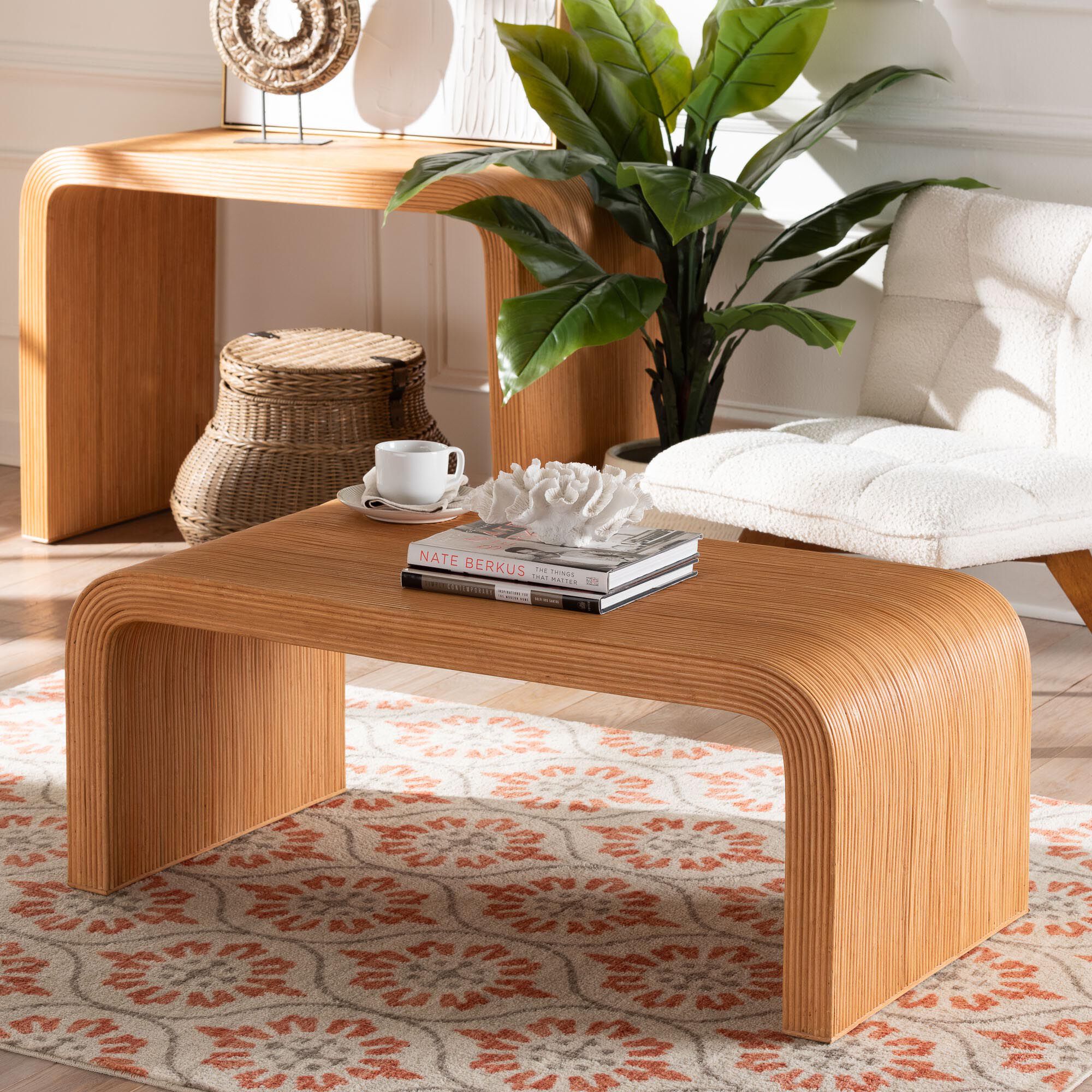 Guevara Bohemian Light Honey Fluted Rattan Coffee Table, HONEY, hi-res image number 0