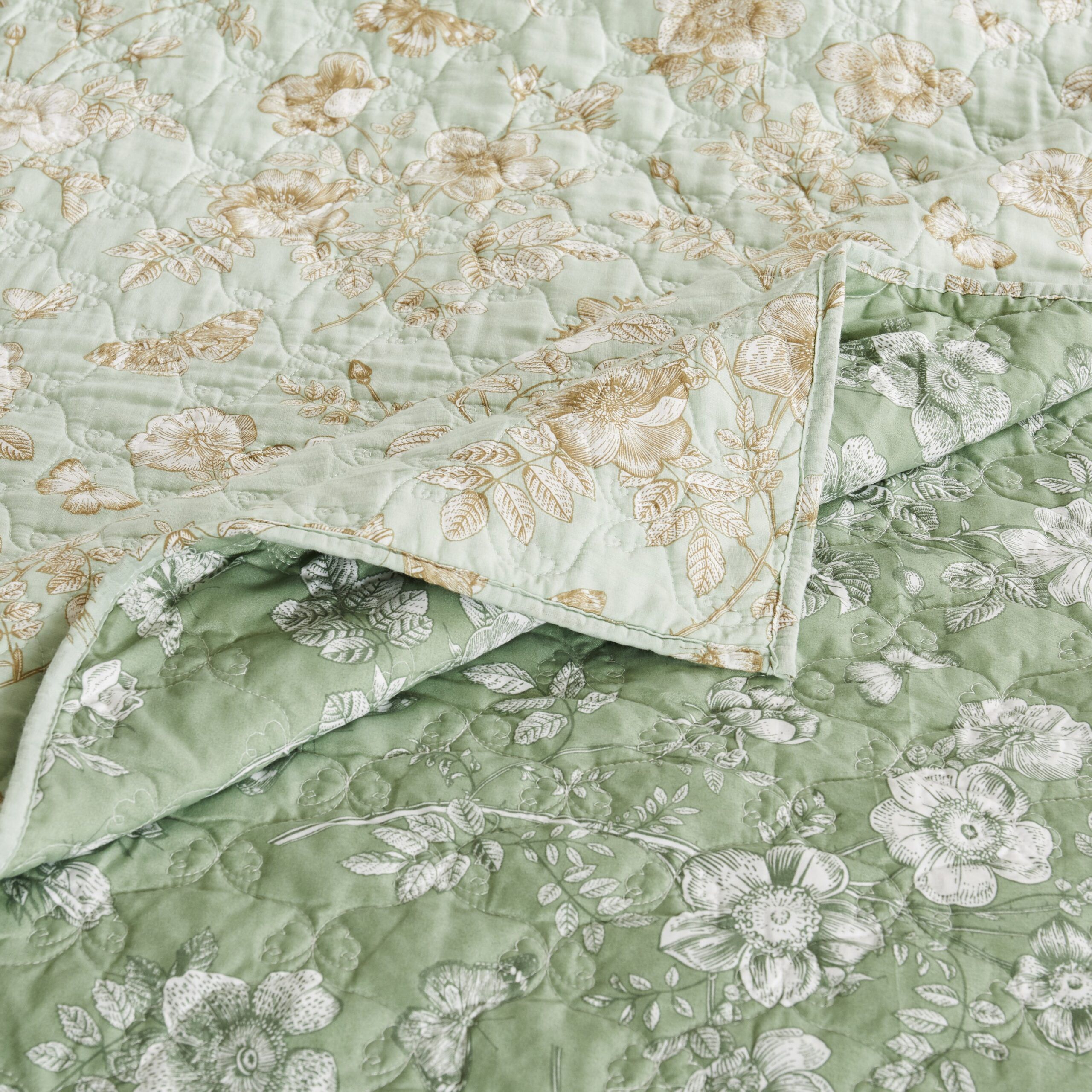 Greenland Home Fashions Olivia Finely Stitched Reversible Modern  Floral Quilt Set, 2-Piece Twin/XL, Mint, MINT, alternate image number 3