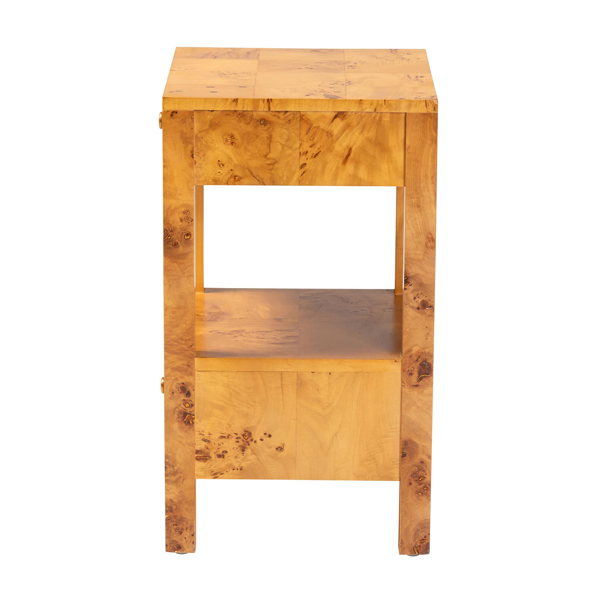 A wooden nightstand with two drawers and a shelf, shown from a side angle against a white background.