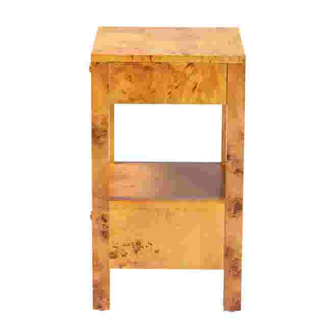A wooden nightstand with two drawers and a shelf, shown from a side angle against a white background.