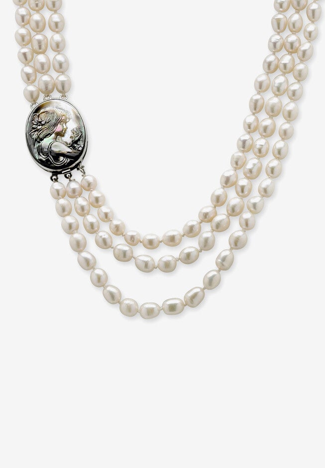 Silver Tone Multi Strand Cameo Necklace Cultured Freshwater Pearl 28 inches, PEARL, hi-res image number null