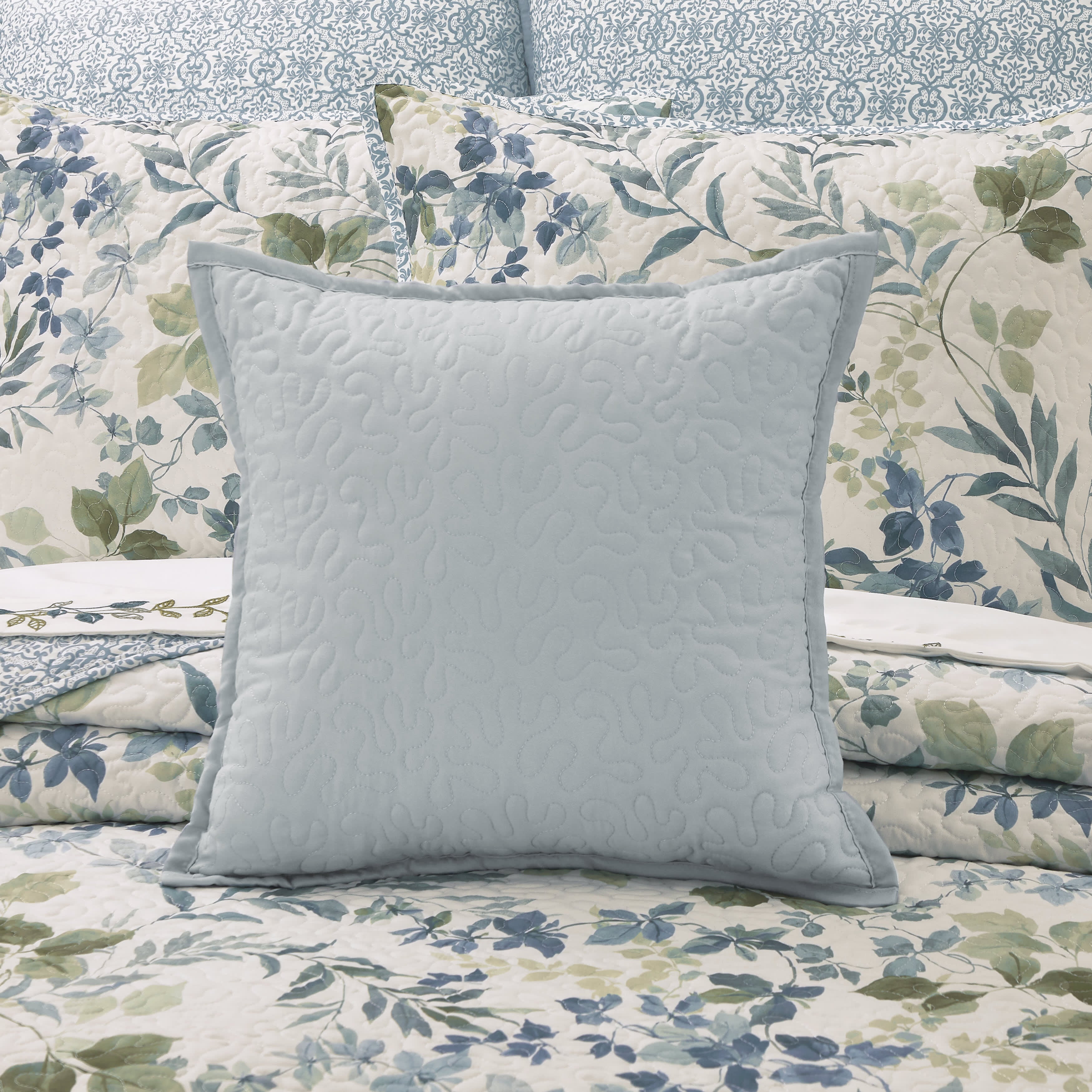 Evergreen Blue 16 Inch Square Quilted Decorative Throw Pillow, BLUE, alternate image number null