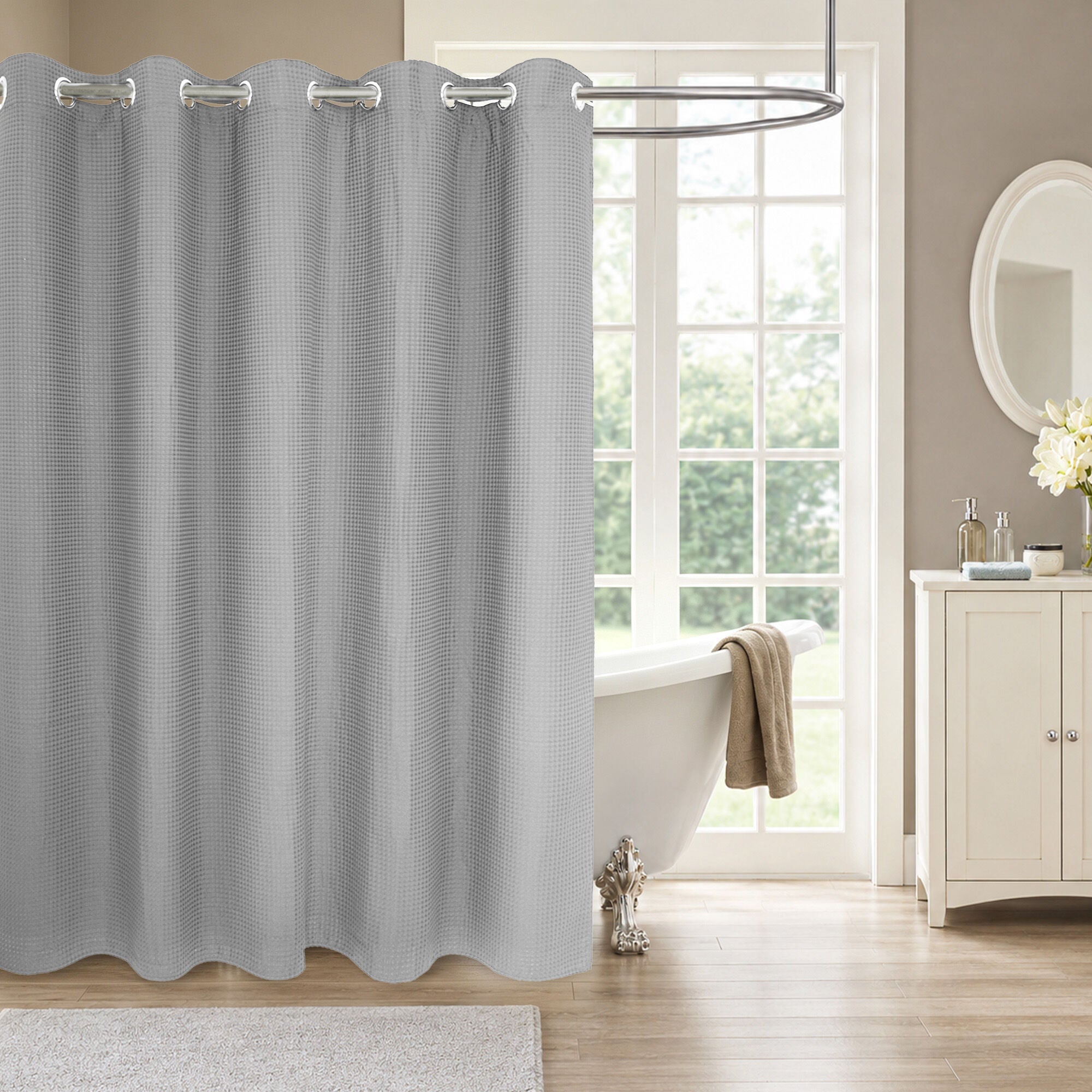 No Hook Cotton Blend Waffle Woven Shower Curtain with Snap-in Liner, GRAY, alternate image number 4