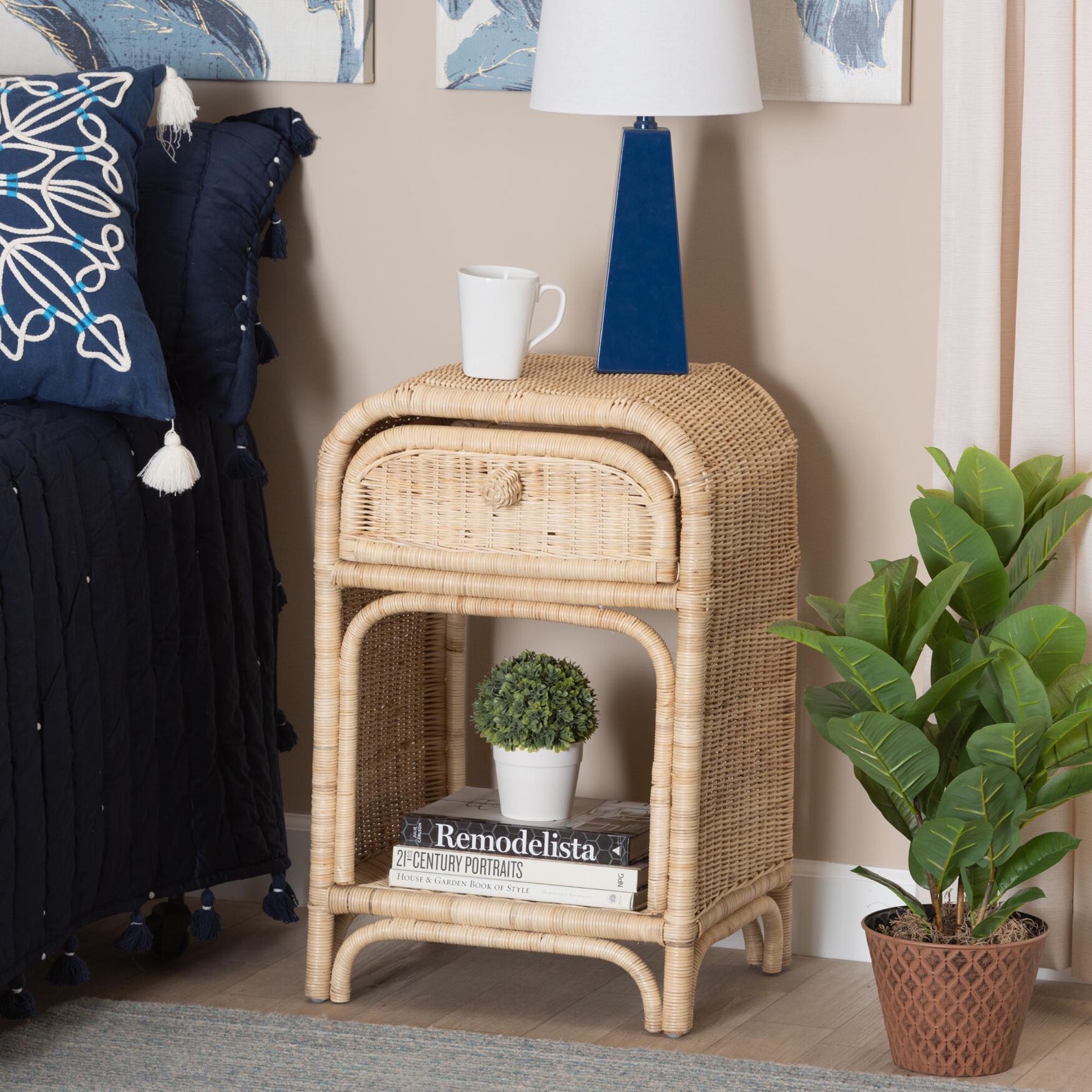 Magni Modern Bohemian Natural Brown Rattan 1-Drawer Nightstand, , alternate image number 7