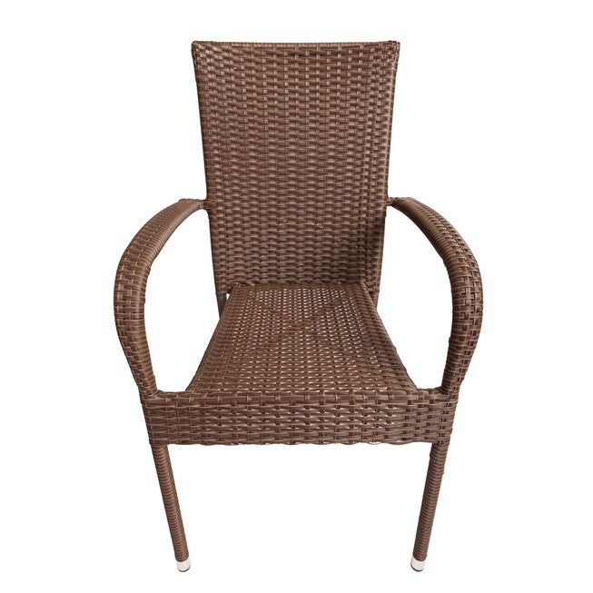 Mocha outdoor wicker stacking chair with curved side handles and white feet