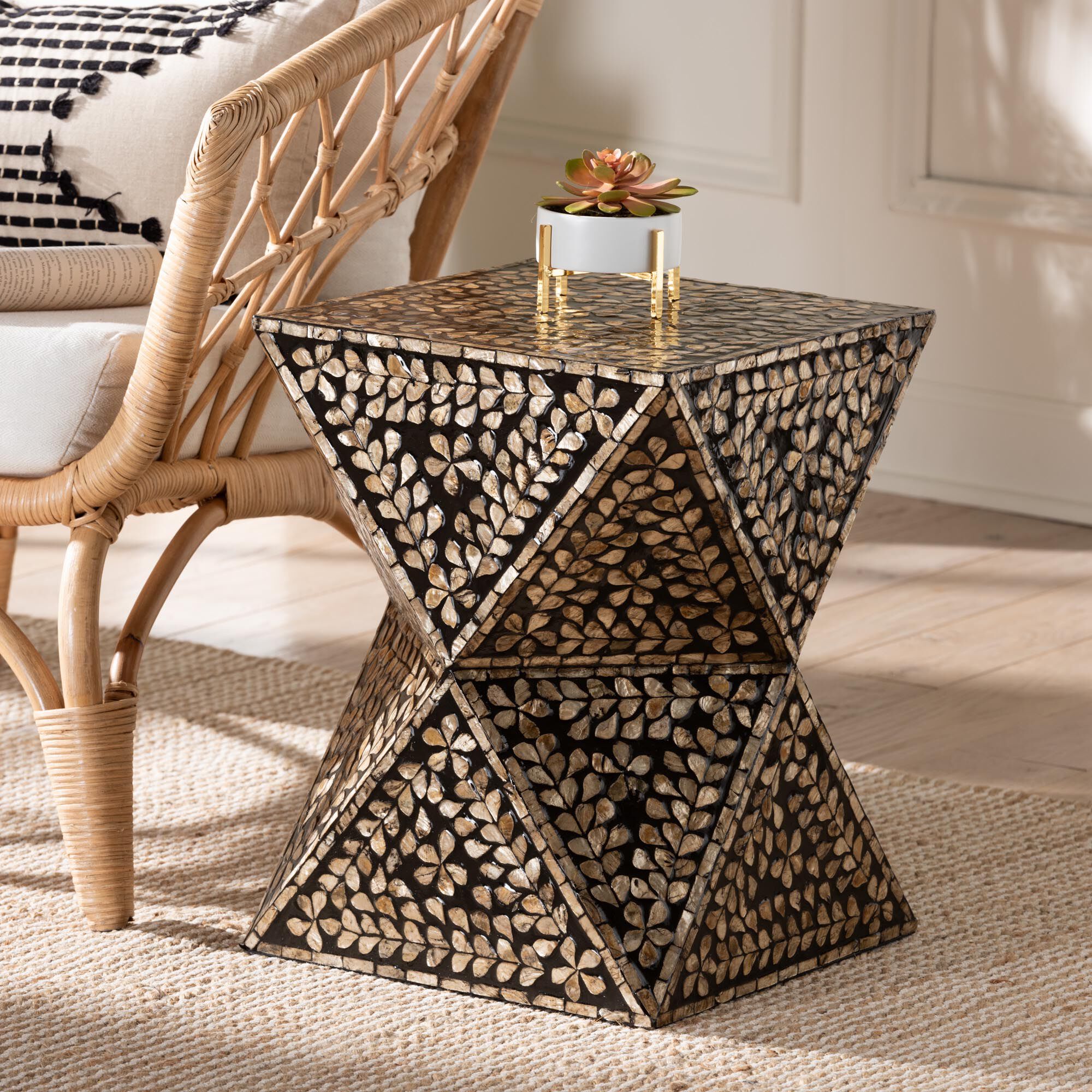 Feronia Modern Bohemian Black and Bronze Mother of Pearl End Table, BLACK, hi-res image number 0