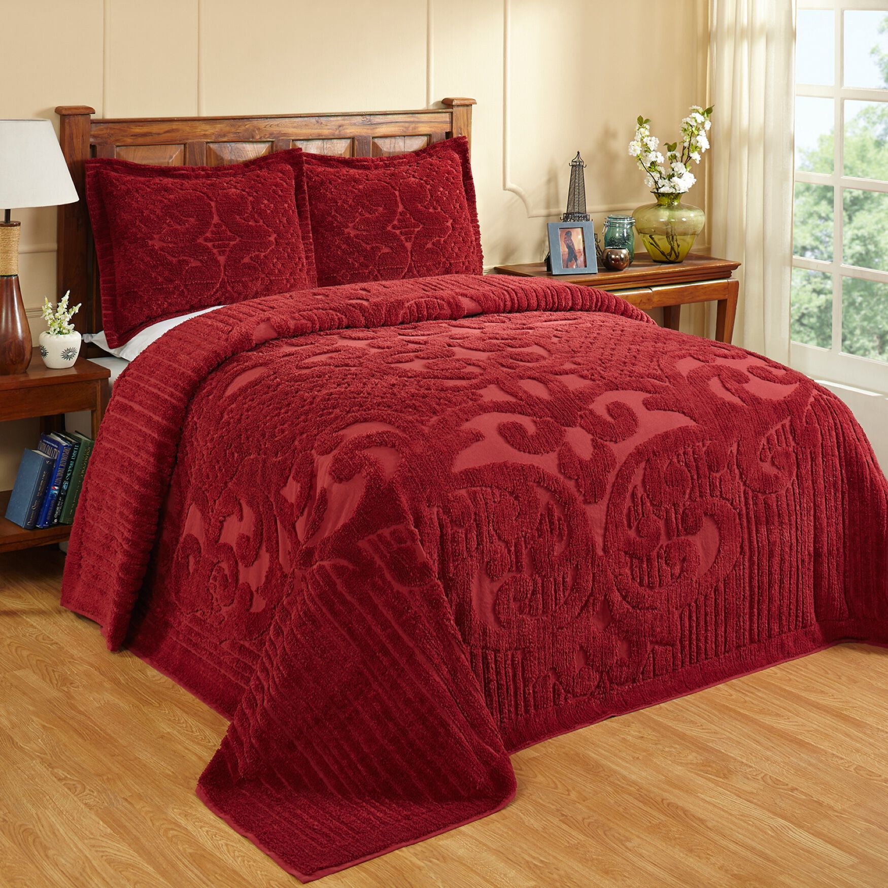 Ashton Collection Tufted Chenille Bedspread , BURGUNDY, hi-res image number 0