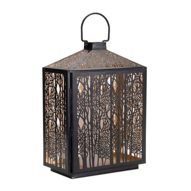 Forest Cut Metal Lantern with Gold Accent 16 inchesH, BLACK/GOLD, alternate image number null