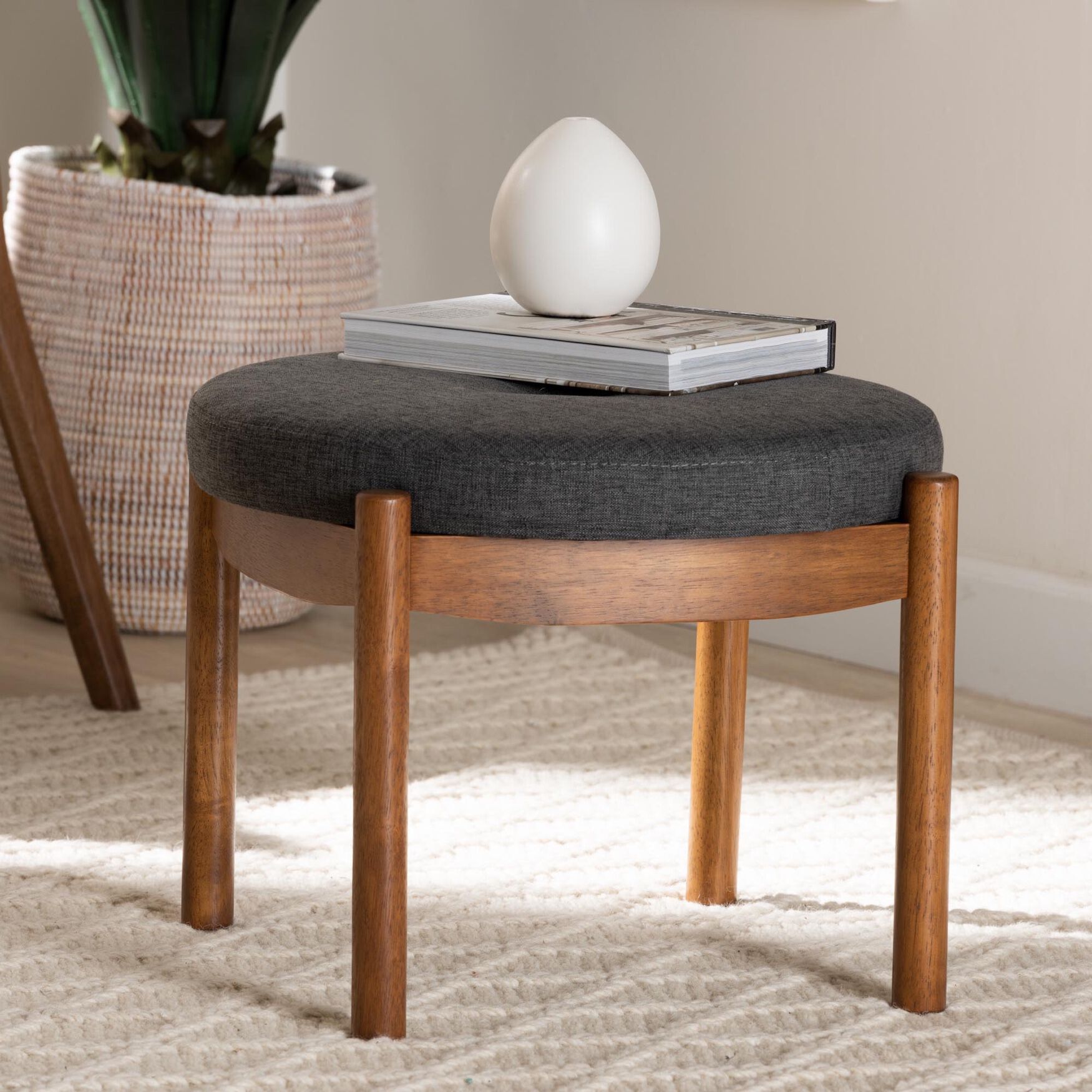 Iliana Japandi Dark Grey Fabric And Walnut Brown Finished Wood Ottoman Footstool, , alternate image number 10