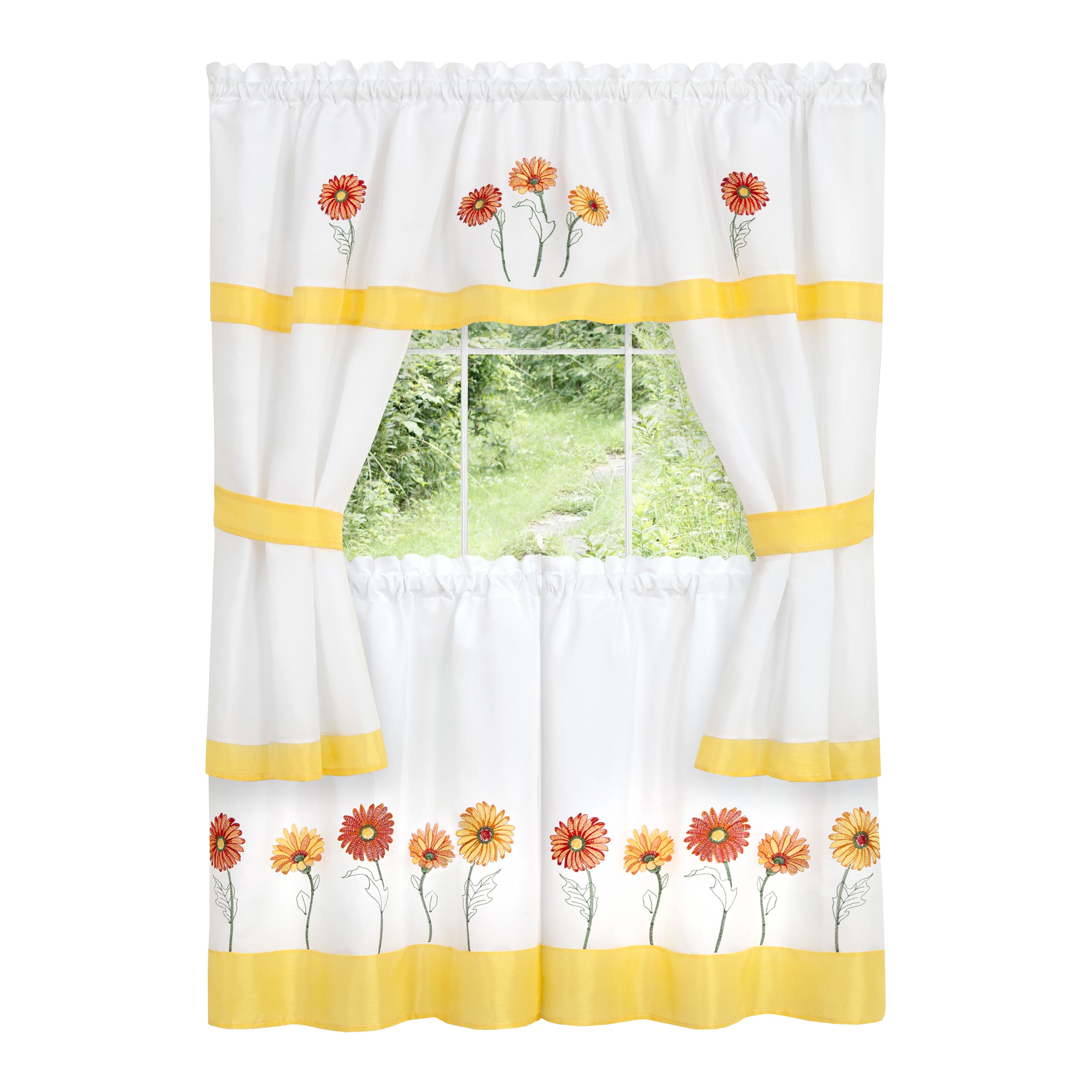 Gerbera Daisy Embellished Cottage Window Curtain Set, YELLOW, alternate image number 1