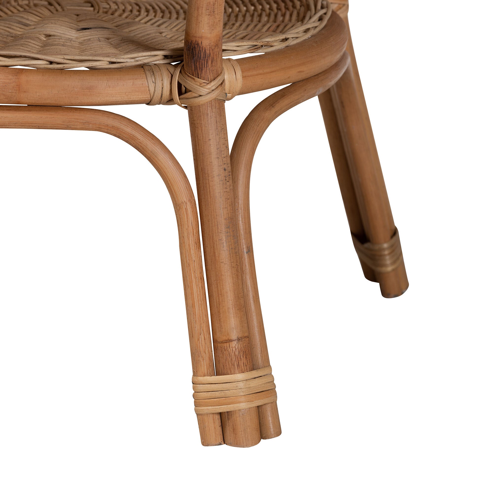 Detail of rattan coffee table leg with wrapped ties at the corner joint