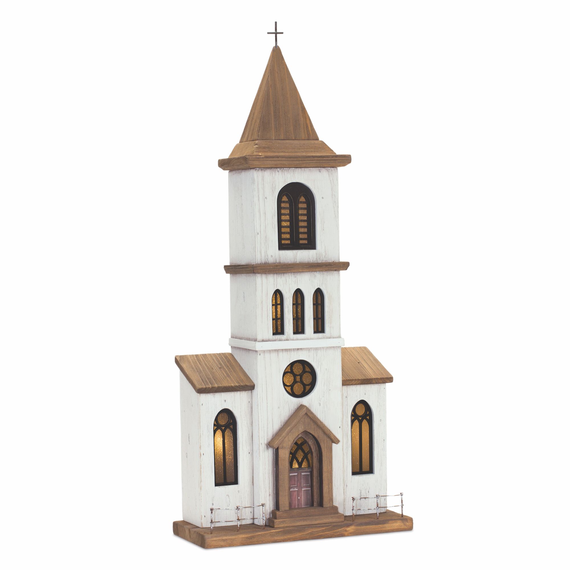 Lighted Natural Wooden Church Display with Rustic Metal Accents 25.25 inchesH, BROWN WHITE, hi-res image number 0