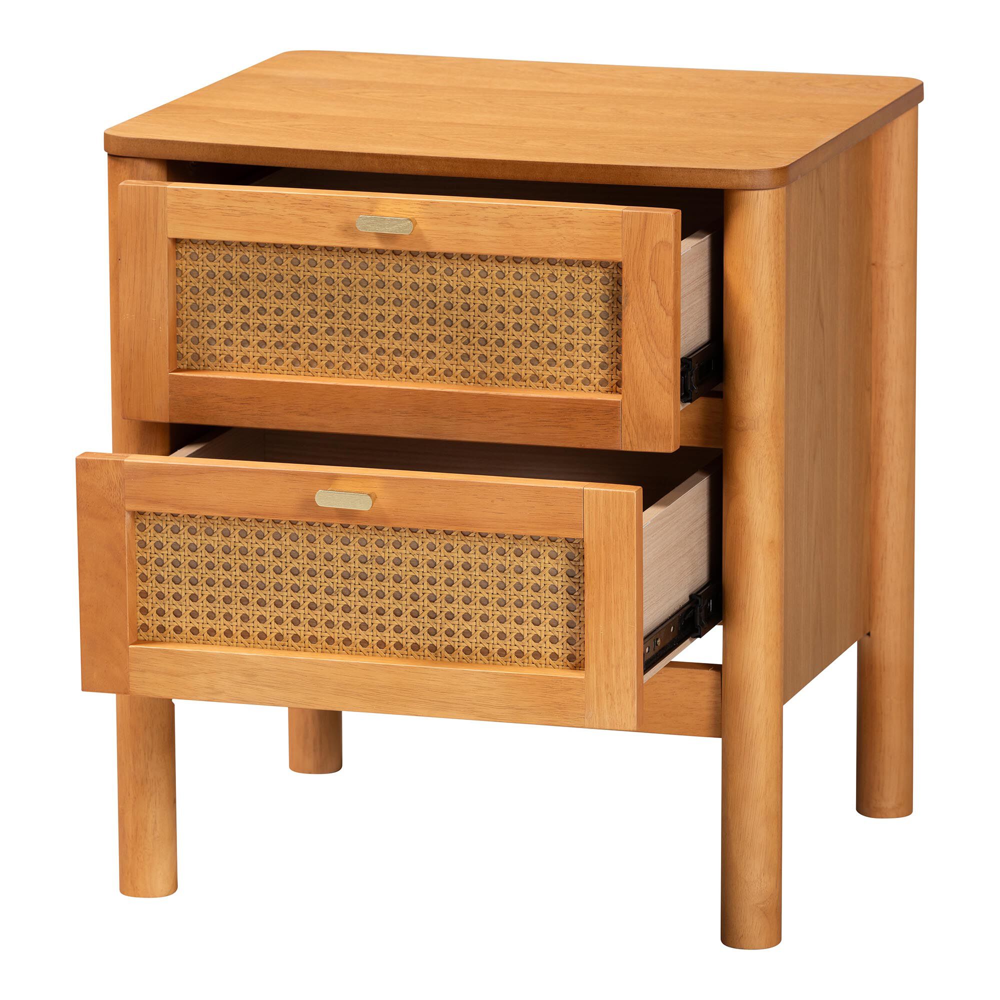 Jenn Golden Brown Wood Japandi 2-Drawer Nightstand with Distressed-Finished Rattan, BROWN, alternate image number 2