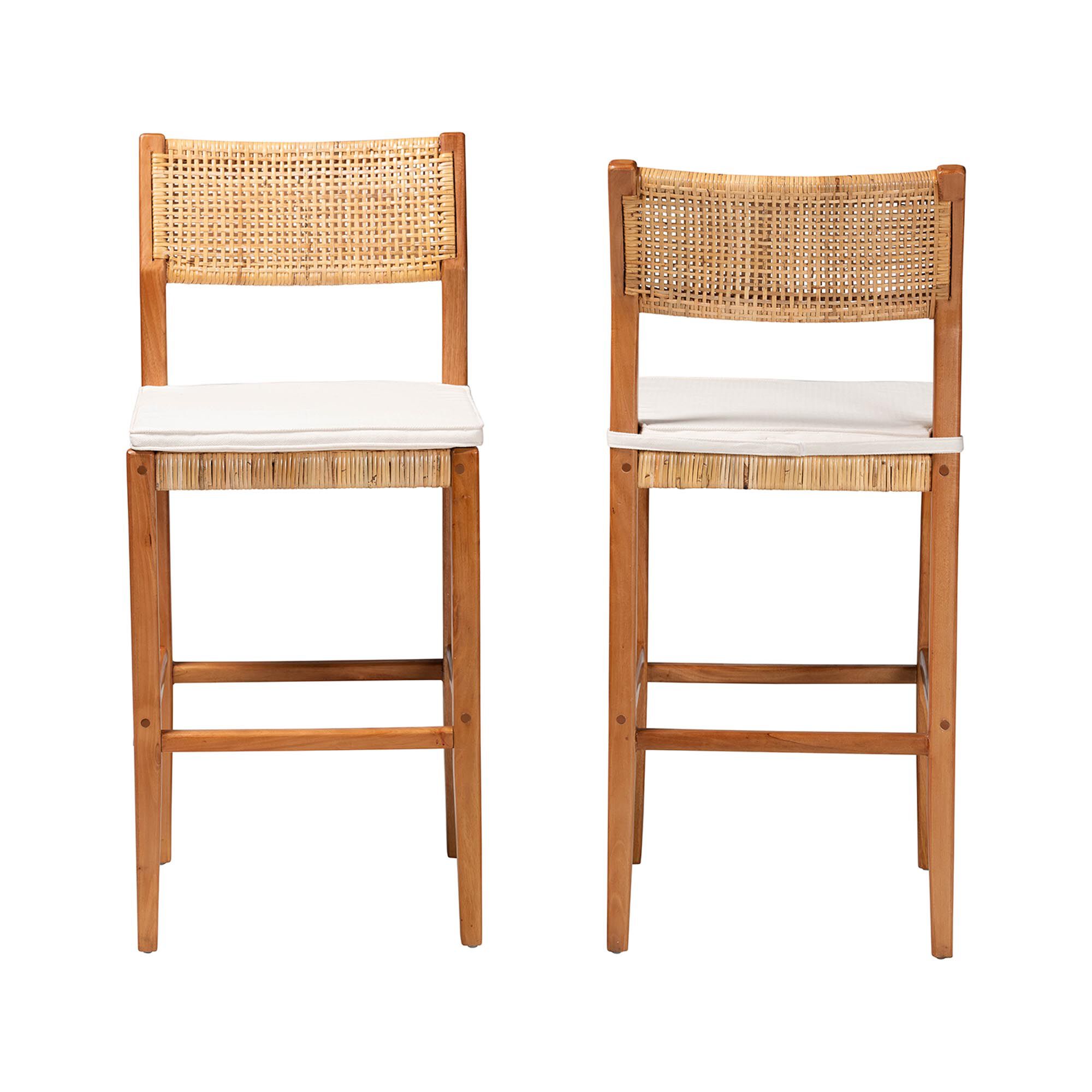Two bar stools shown from front, caned backs and white seats