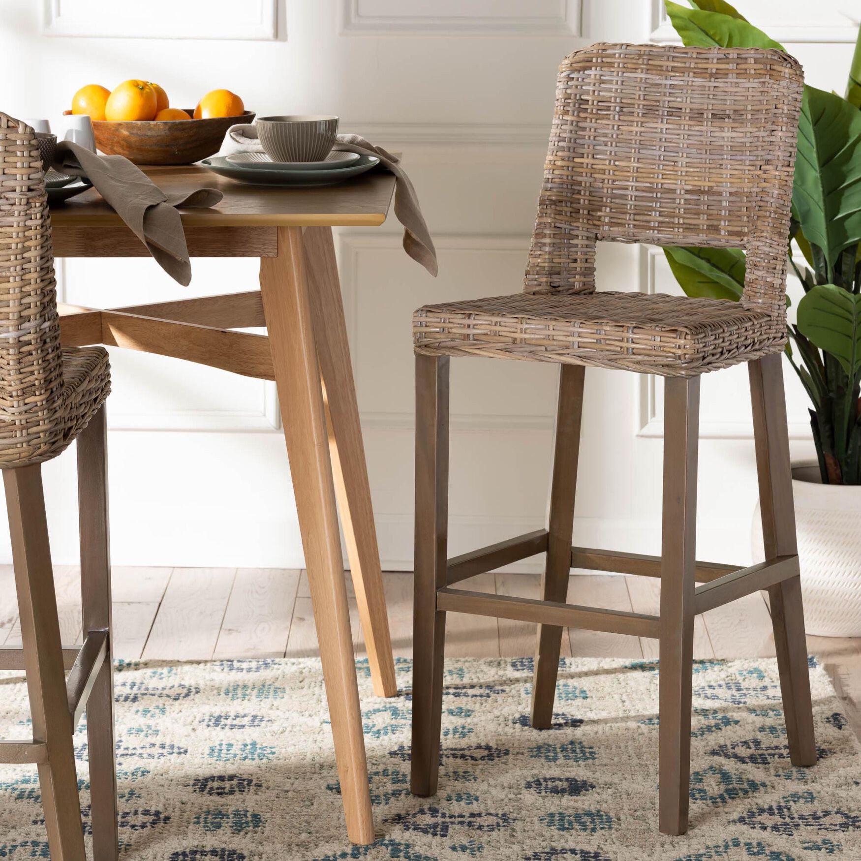 Magy Modern Bohemian Grey Kubu Rattan and Mahogany Wood Bar Stool, , alternate image number 12