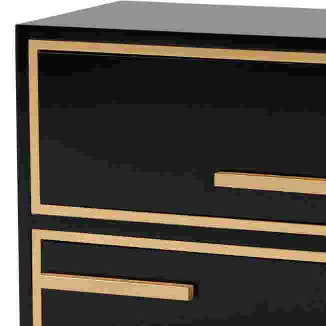Close-up of gold trim and drawer front on black nightstand