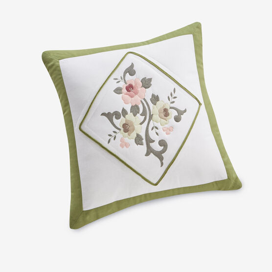 Ava Embroidered Cotton 16" Square Pillow, DARK GREEN, hi-res image number null