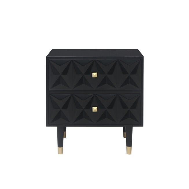 Two-drawer geo texture nightstand in black with square brass pulls and gold legs