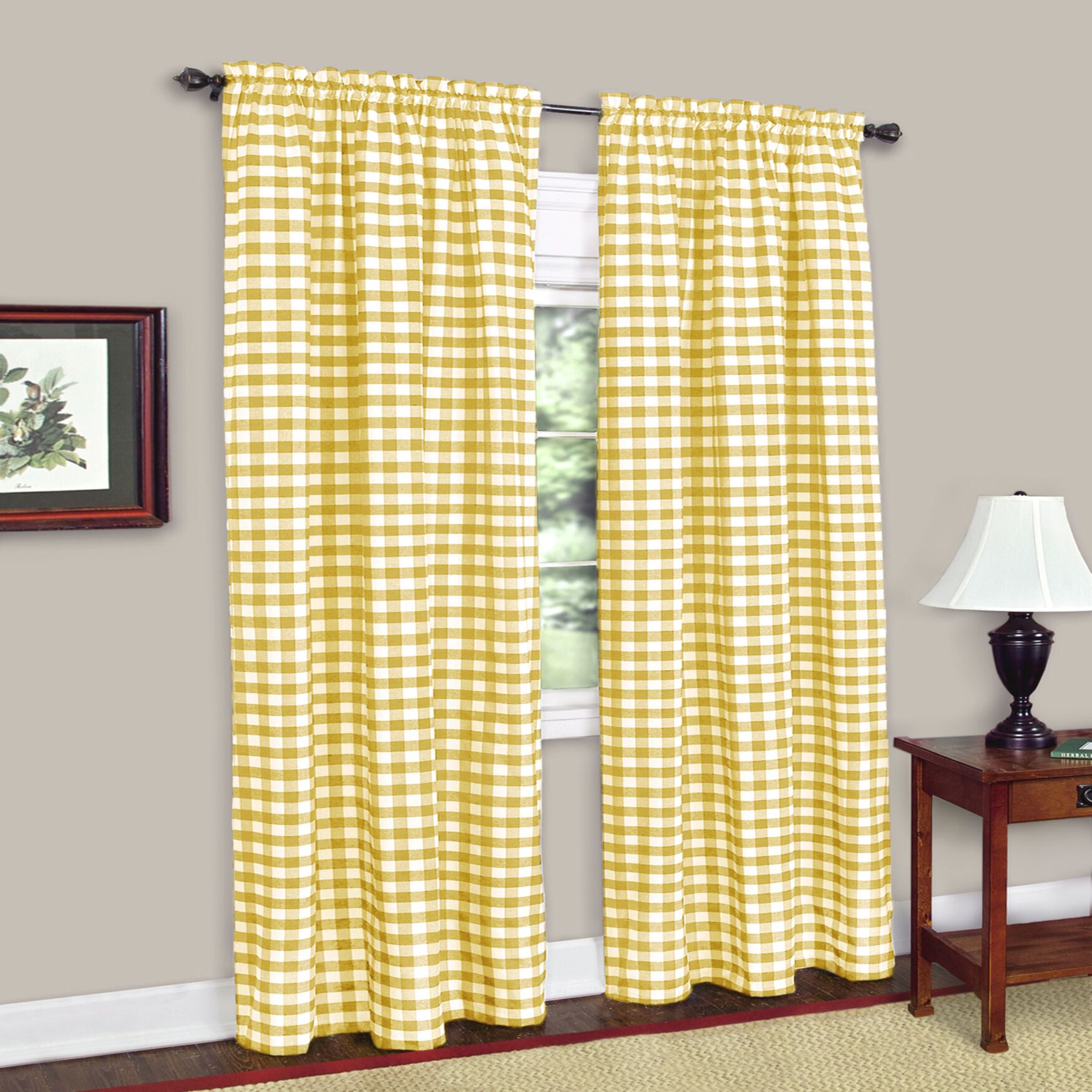 Buffalo Check Window Curtain Panel, YELLOW, hi-res image number 0