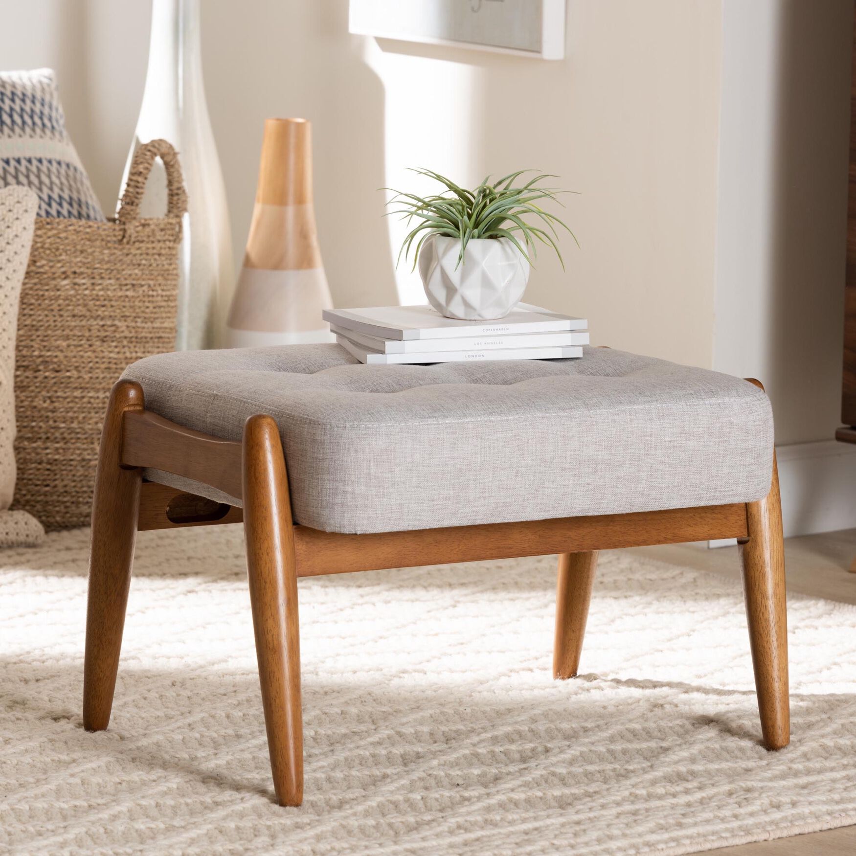 Jeanine Japandi Dark Grey Fabric And Walnut Brown Finished Wood Ottoman Footstool, , alternate image number 4