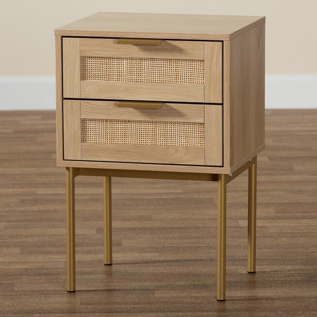 Dewitt Japandi Light Brown Finished Wood And Gold Metal 2-Drawer End Table, , alternate image number null