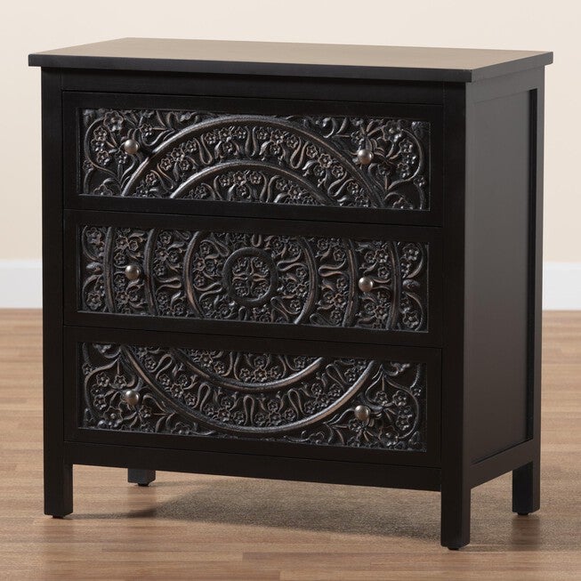 Yelena Classic And Traditional Black Finished Wood 3-Drawer Storage Cabinet, , alternate image number null