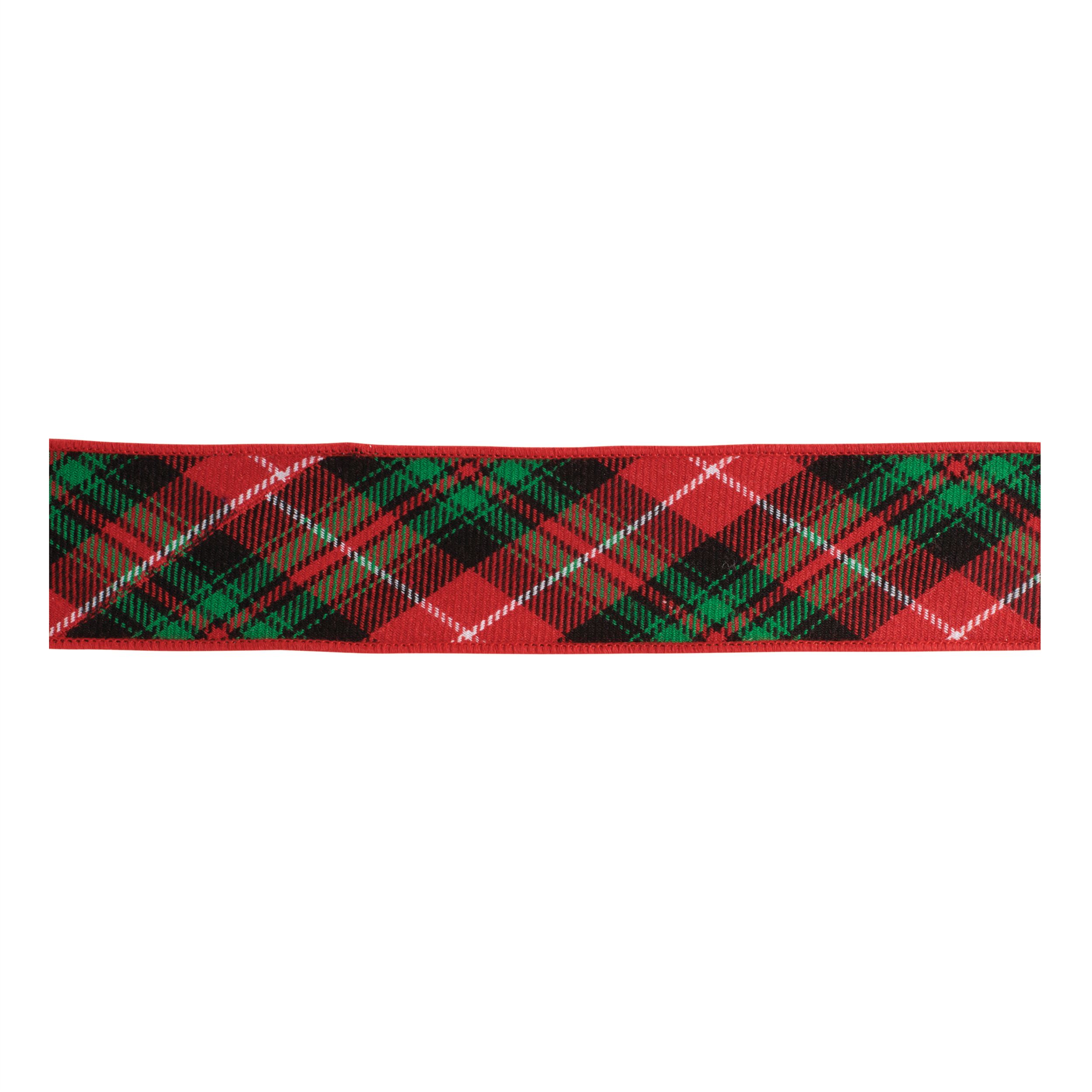 Tartan Plaid Wired Cotton Ribbon 2.5 inches x 5 Yds., GREEN RED, hi-res image number 0