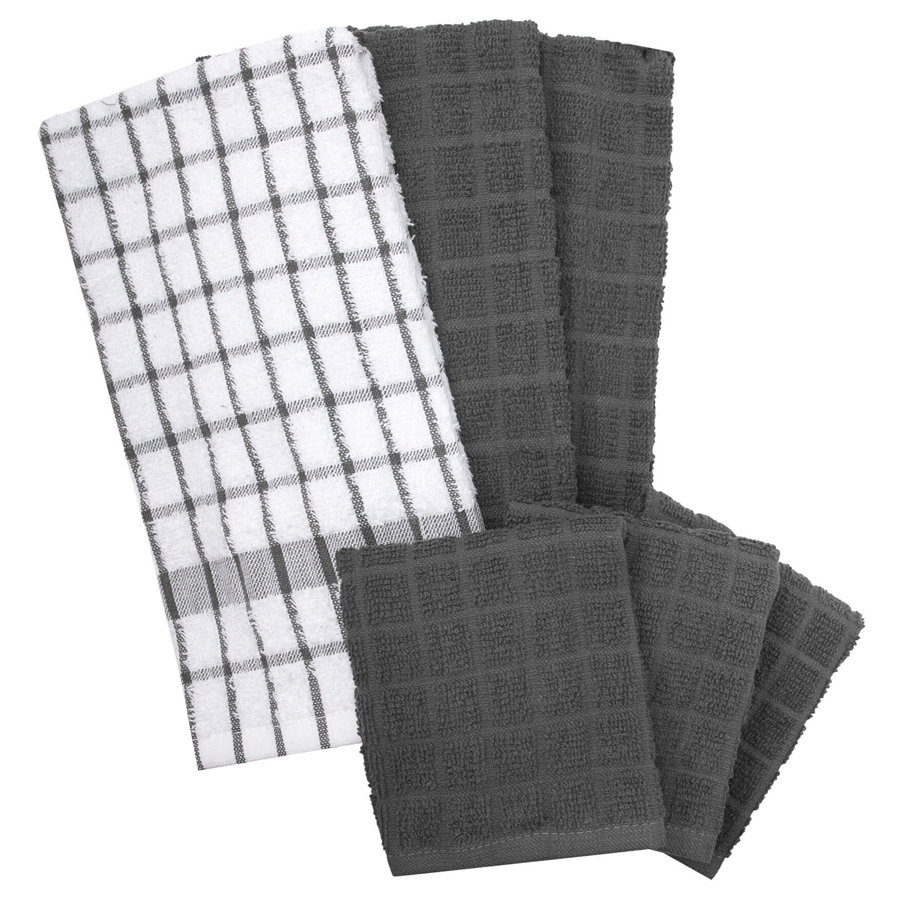 Terry Kitchen Towels And Dish Cloths, Set Of 6, GRAPHITE, hi-res image number 0