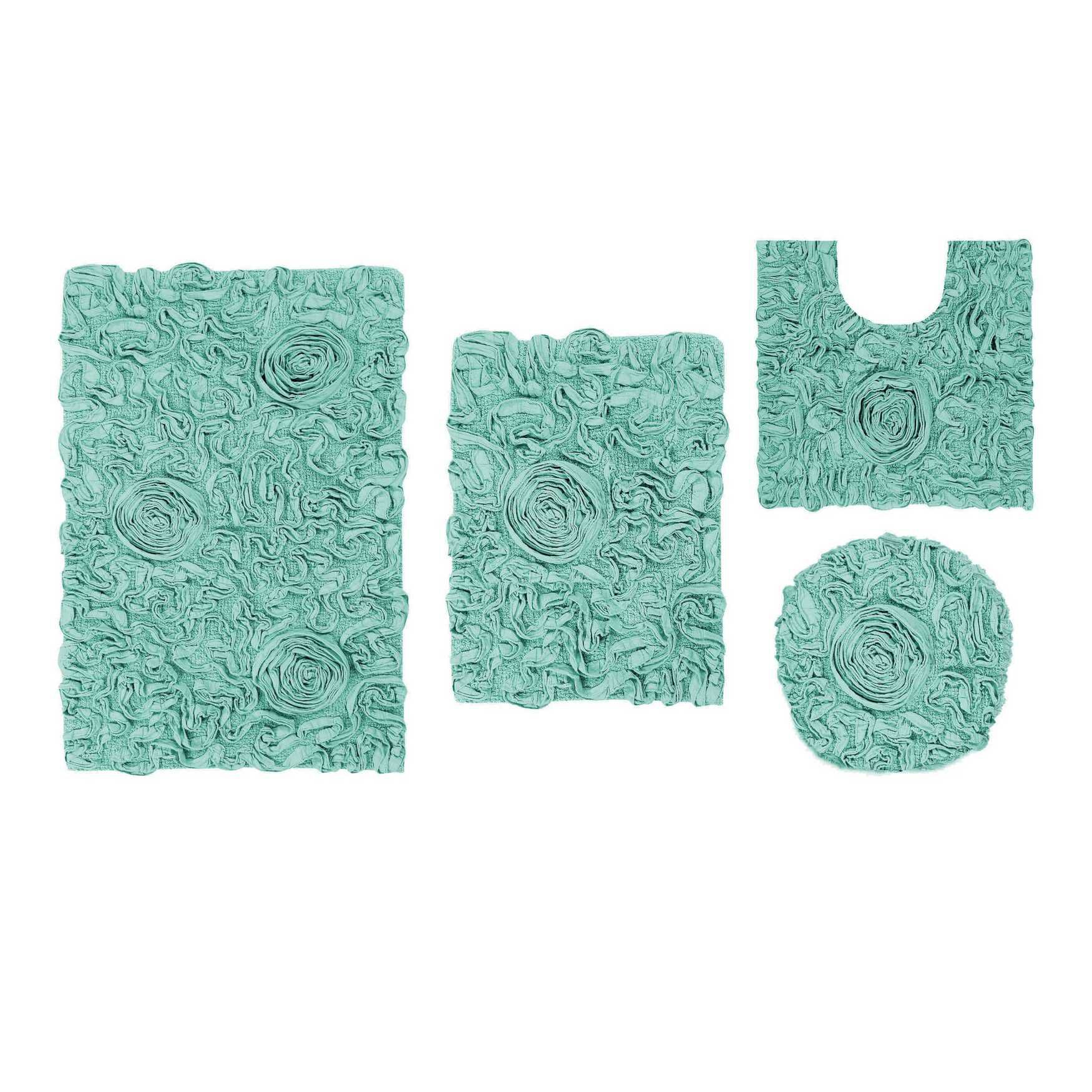 Bell Flower 4 Piece Set Bath Rug Collection, TURQUOISE, hi-res image number 0