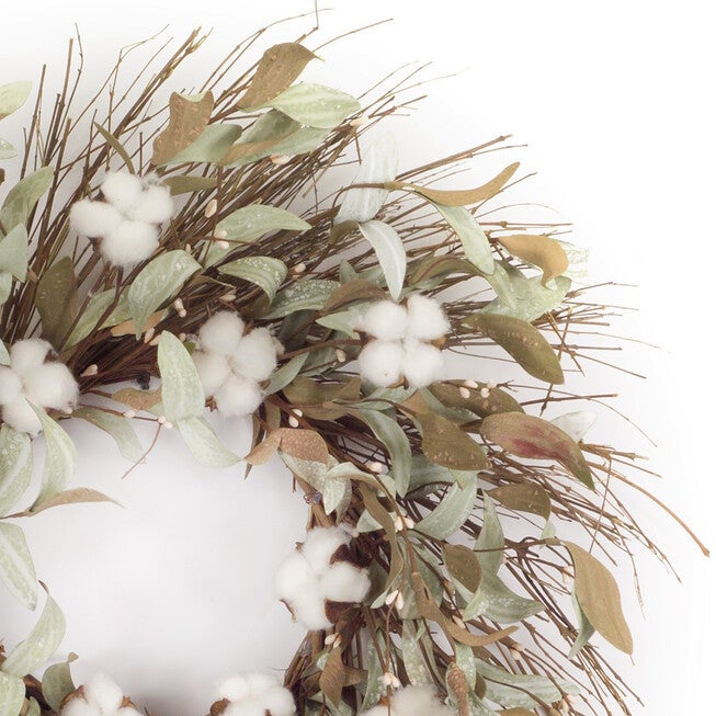 Cotton And Leaf Twig Wreath 28 inchesD, , on-hover image number 1