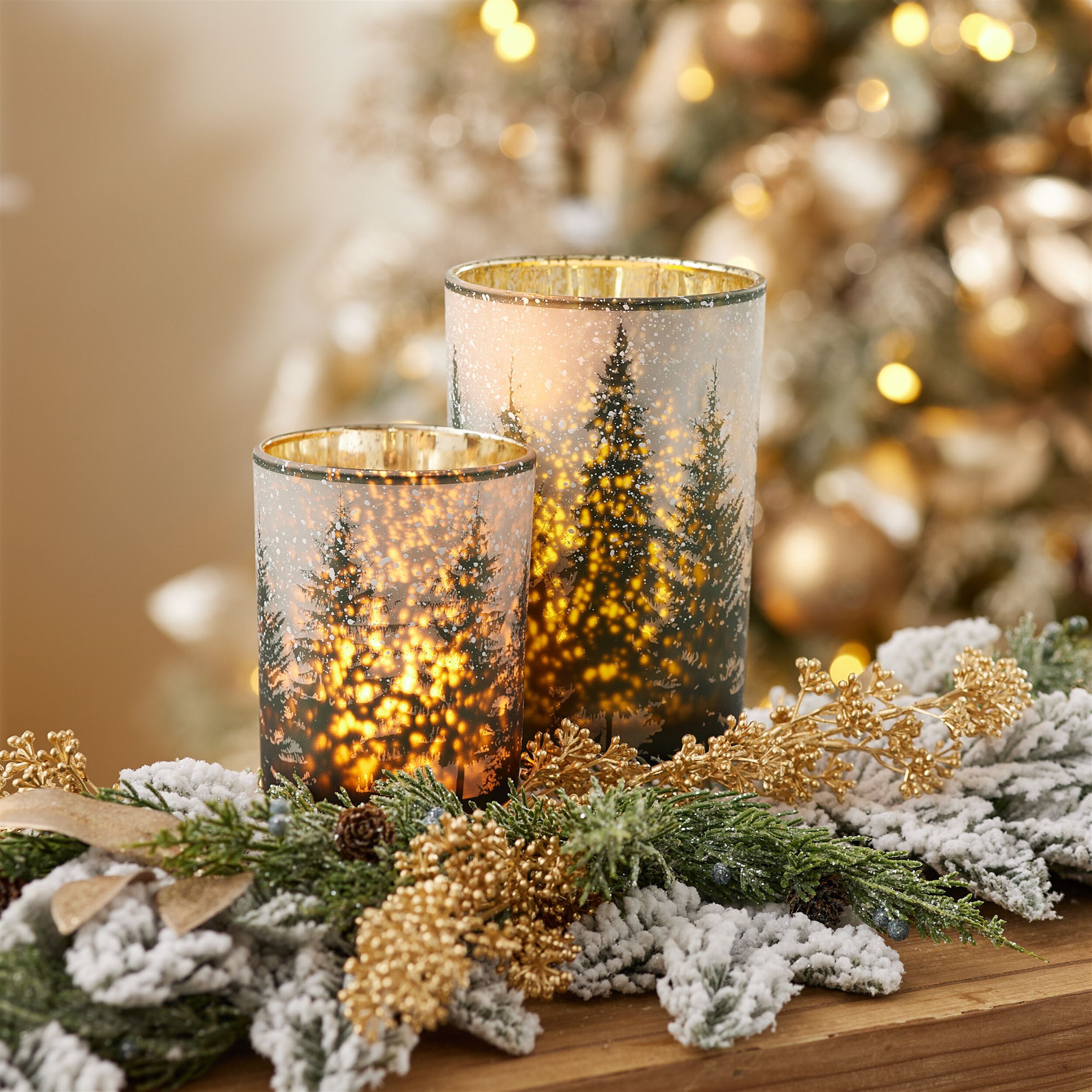 Frosted Pine Mercury Glass Candle Holder (Set of 2), GREEN GREY GOLD, alternate image number 1
