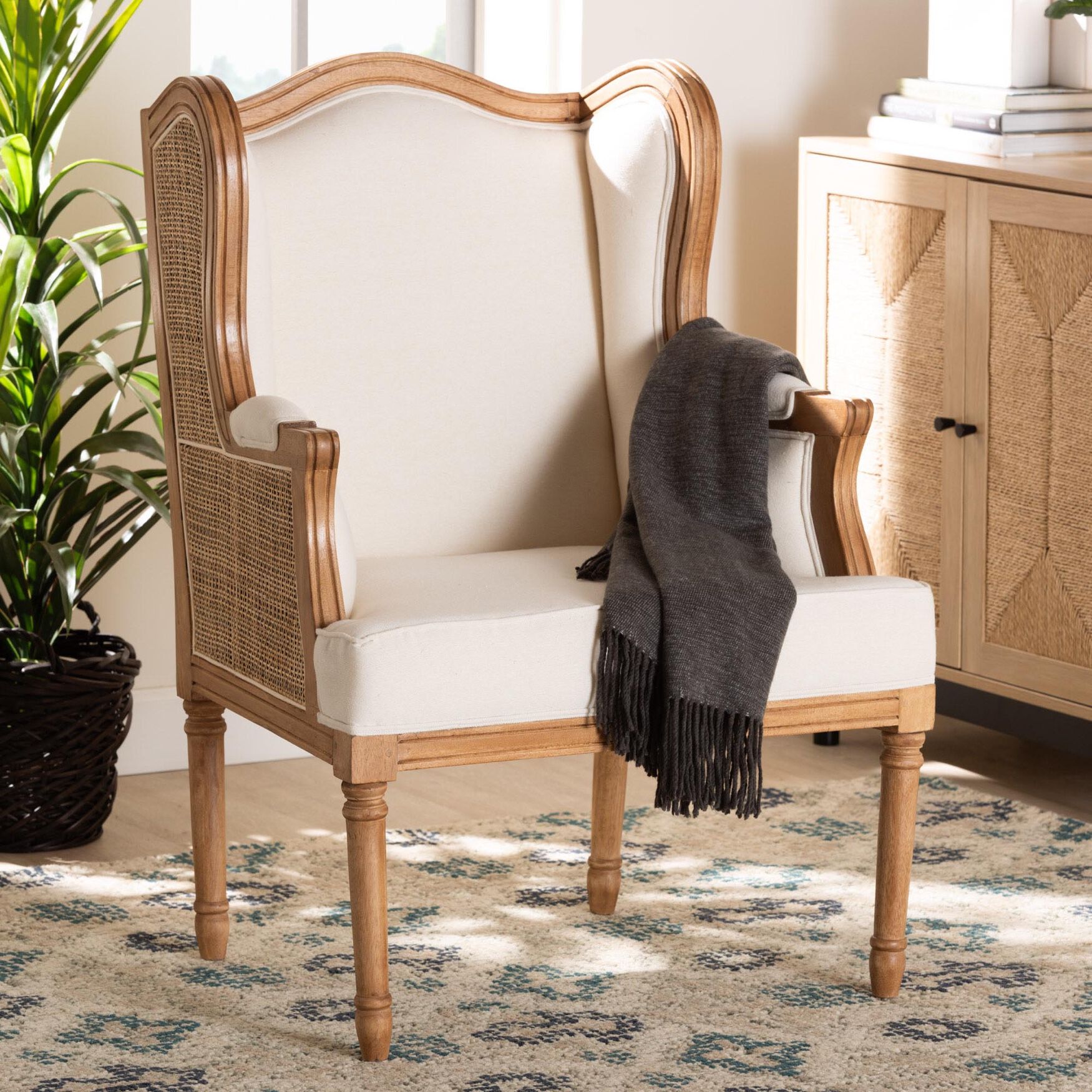 Rachana Traditional French Beige Fabric And Honey Oak Finished Wood Accent Chair, , alternate image number 6
