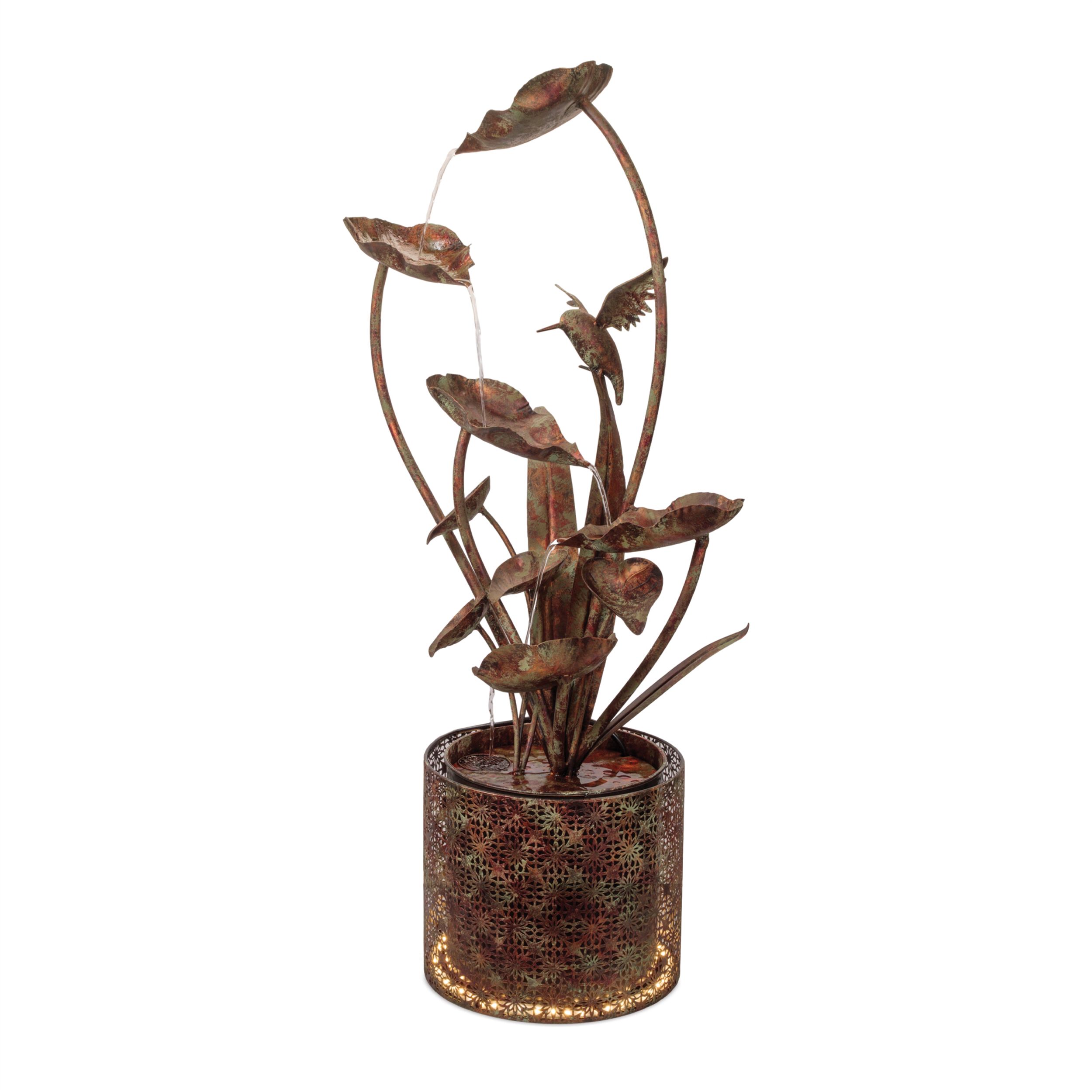Cascading Iron Hummingbird and Leaf Fountain 42INH, BROWN, hi-res image number 0