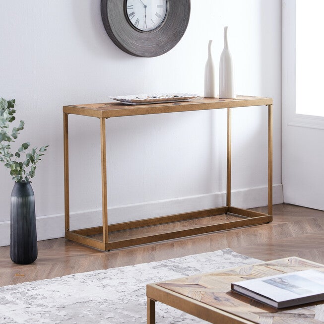 Dorville Reclaimed Wood Patchwork Console Table, BROWN, hi-res image number 0
