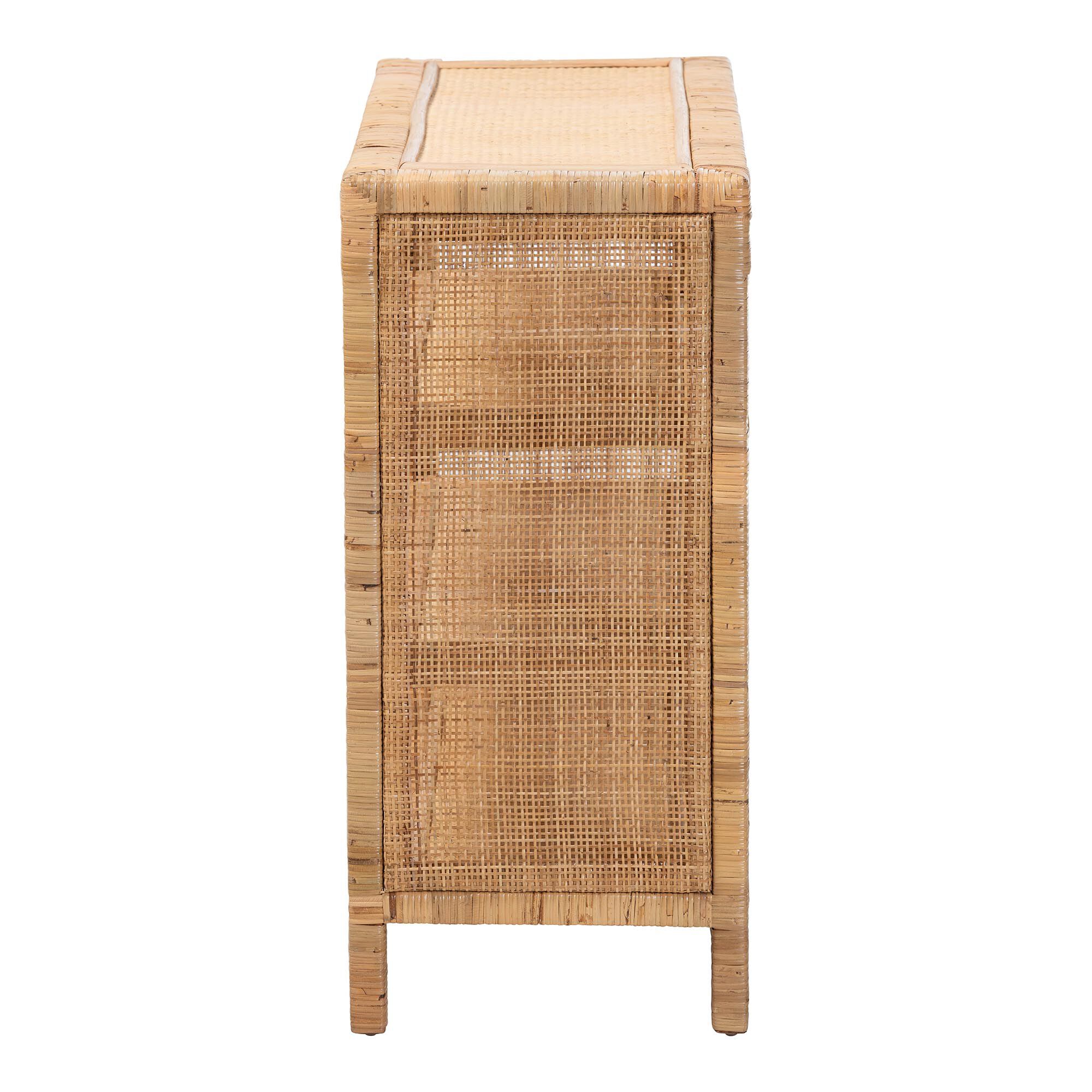 Natural rattan 4-tier display shelf tall side panel view