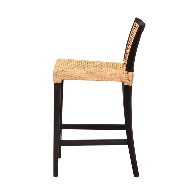 Lingga Modern Bohemian Dark Brown Mahogany Wood And Natural Rattan Counter Stool, , alternate image number null