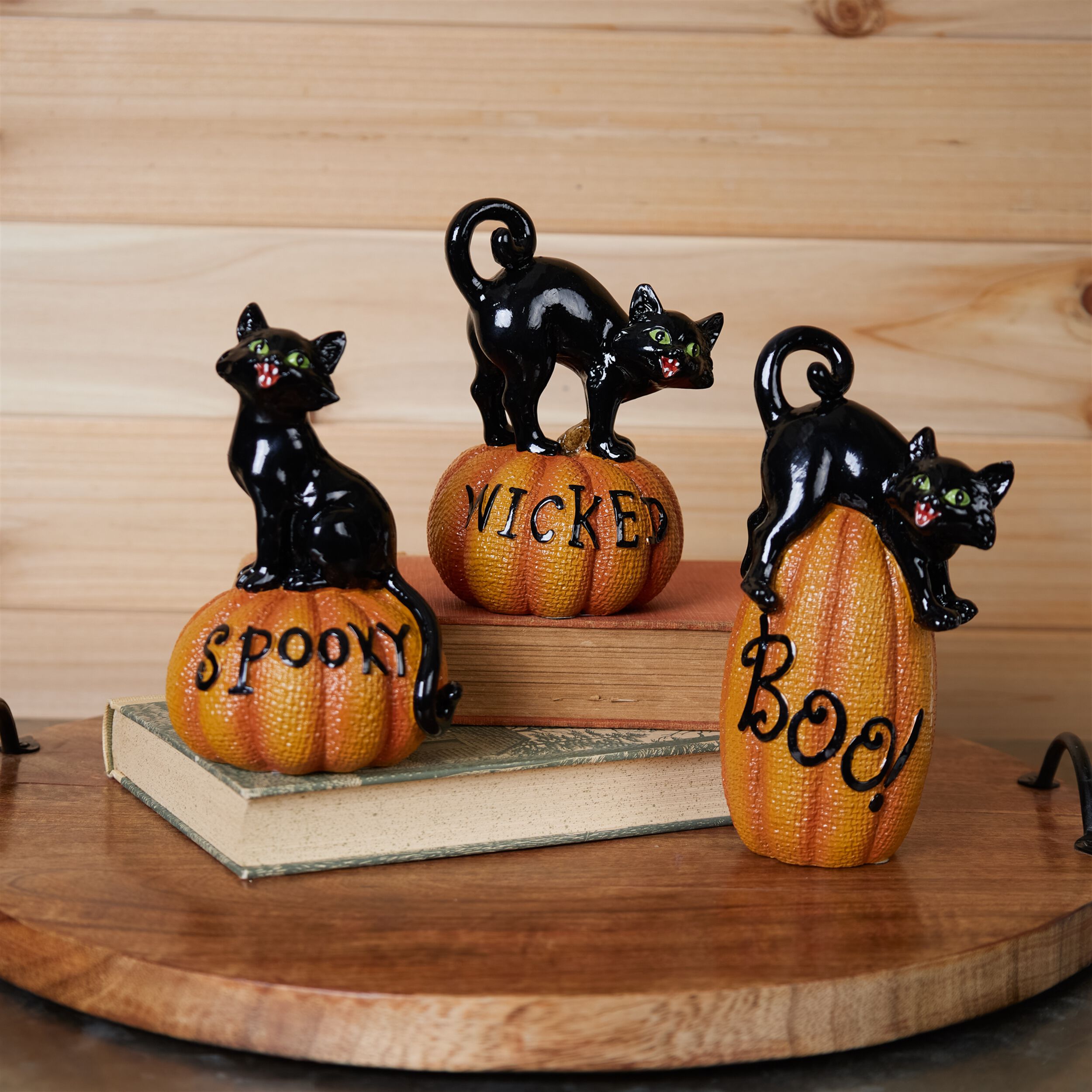 Black Cat on Pumpkin Figurine (Set of 3), ORANGE BLACK, alternate image number 1
